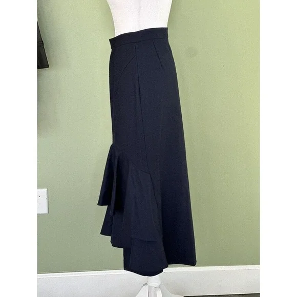 Lake Studio Skirt Midi Ruffle 100% Wool Navy Blue Classic Luxury Sz 42 US 6, M - Picture 5 of 11